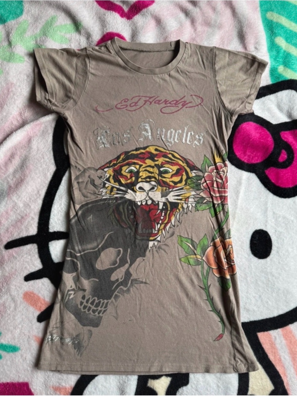 Ed Hardy Y2k Gray Long Graphic Tee Rare Find